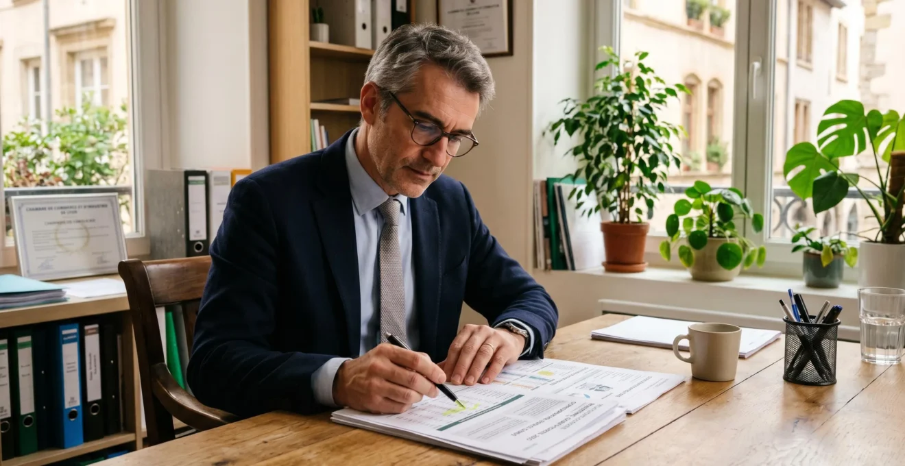 Dirigeant de PME analysant sa facture d'électricité dans un bureau lumineux
