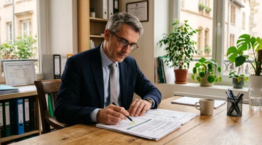 Dirigeant de PME analysant sa facture d'électricité dans un bureau lumineux